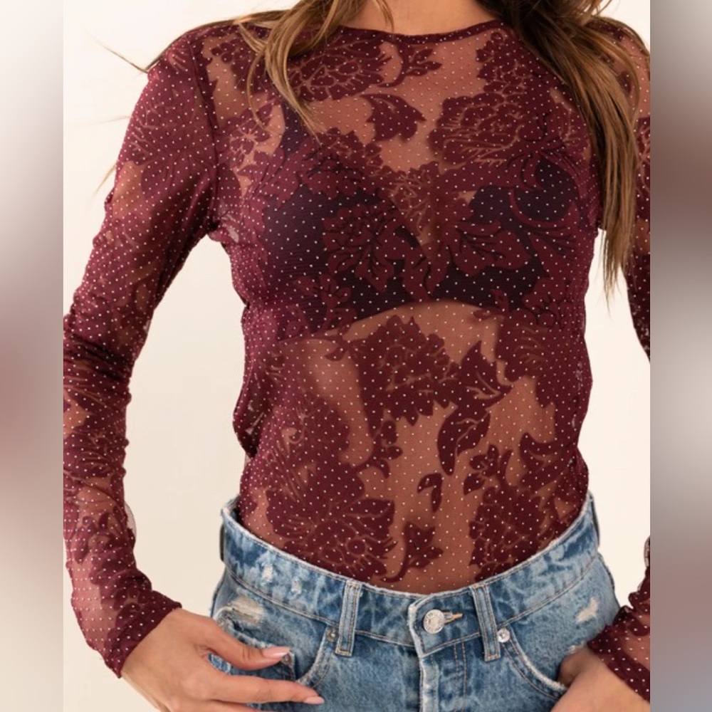 Ces Femme Burgundy Sheer Bodysuit
